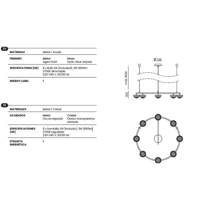 Striped diffuser ring chandelier, with its dimensions