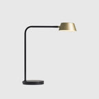 Slim desk table lamp with rotating shade, champagne gold, on a white background