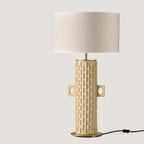 Tall hand-painted ceramic column table lamp, shown with a linen drum shade (sold separately)