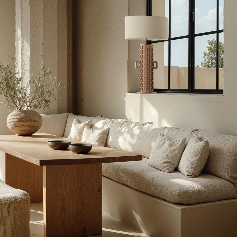 Tall hand-painted ceramic column table lamp, in a living room, with a shade (sold separately)
