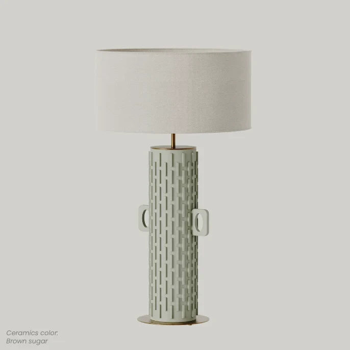 Tall hand-painted ceramic column table lamp, in sage green, with a shade (sold separately)