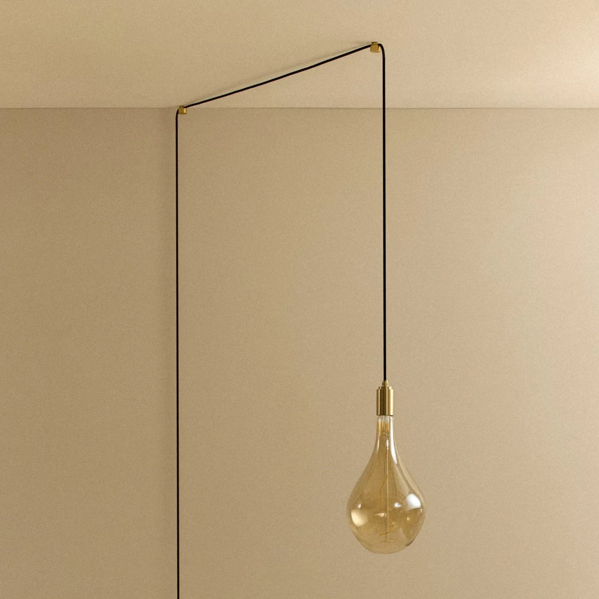 Tall tinted bulb plug-in pendant, in brass, unlit