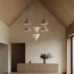 Tapered cone LED pendant, a group of cones in a living space