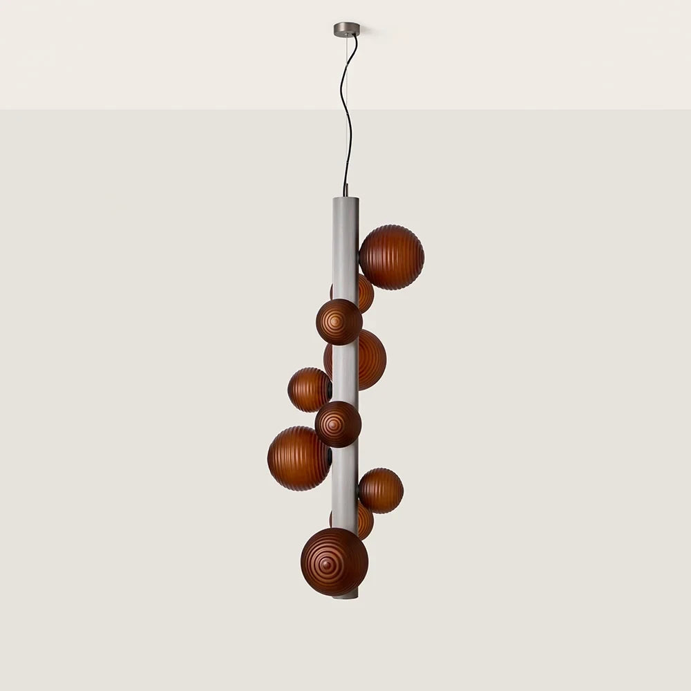 Ten-globe glass tube pendant, vertical with smoked brown glass