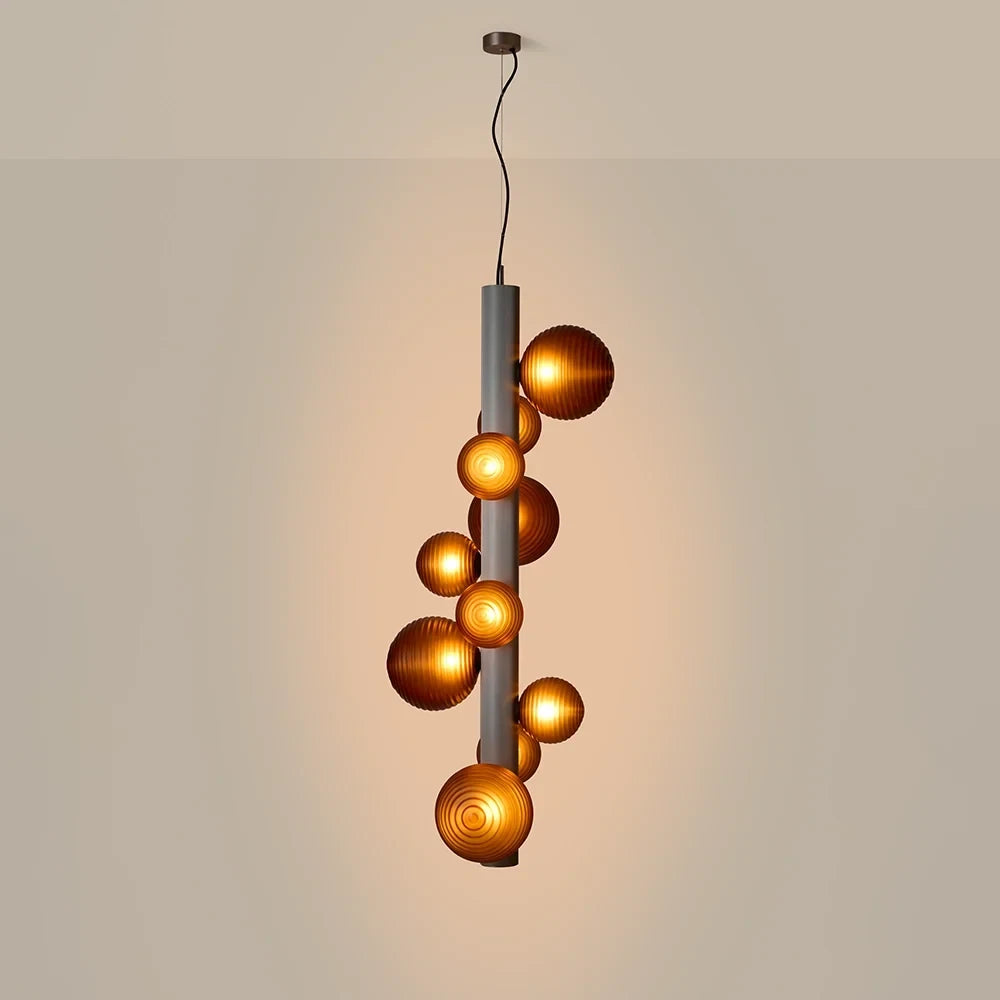 Ten-globe glass tube pendant, vertical, lit
