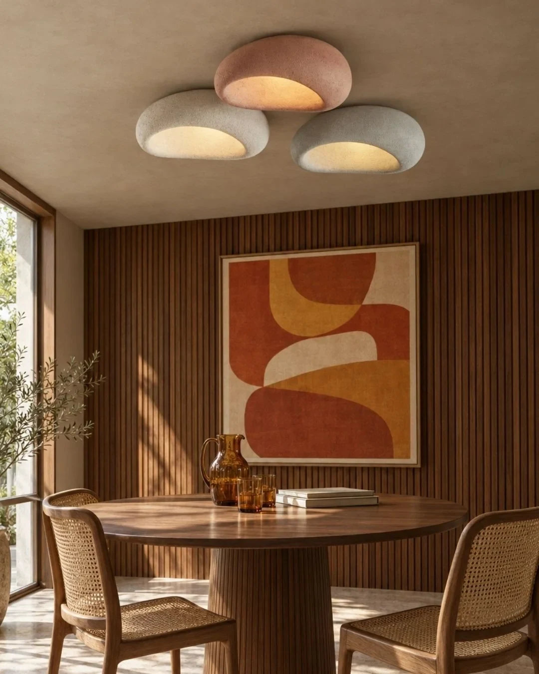 Textured pebble flush ceiling light, three in mixed colours above a dining table