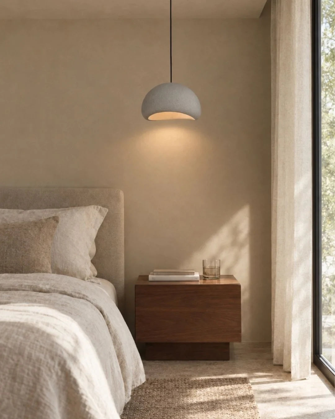 Textured sculptural pendant light, in grey beside a bed