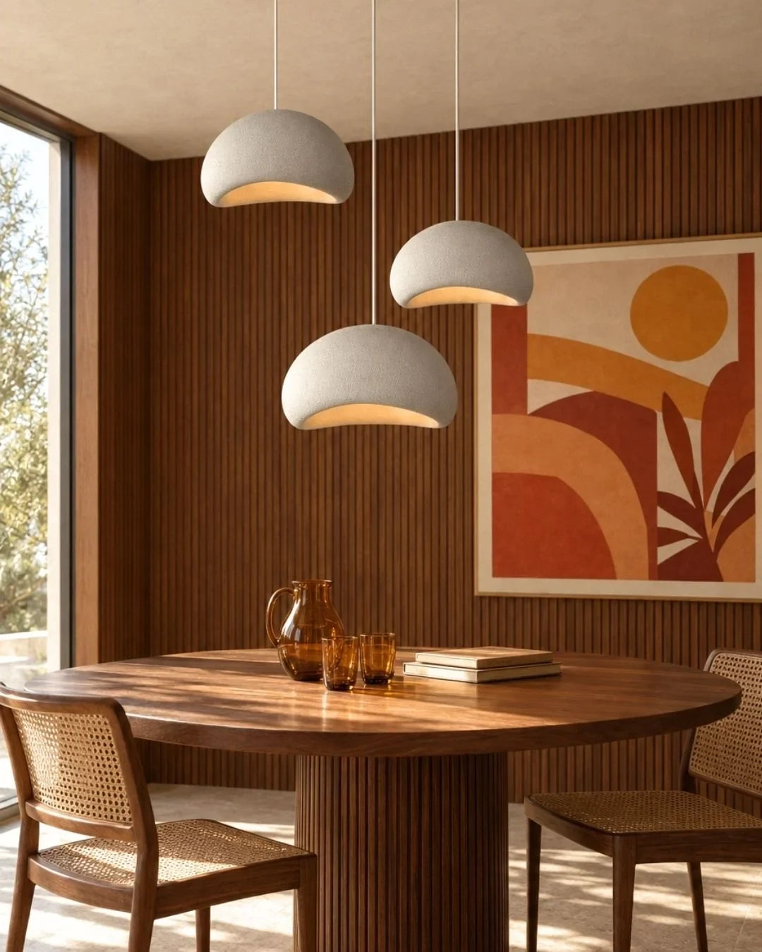 Textured sculptural pendant light, three above a dining table