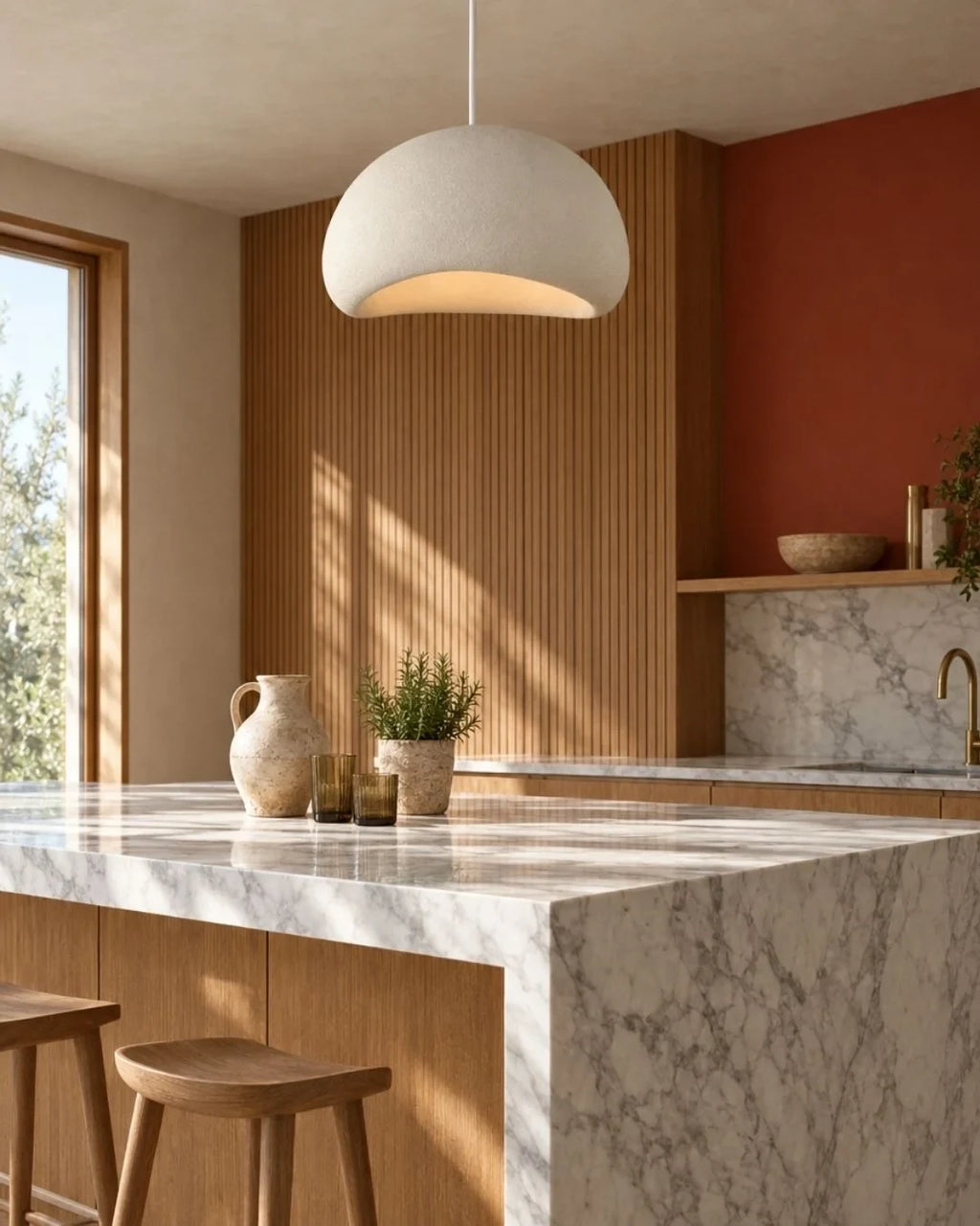 Textured sculptural pendant light, above a kitchen island