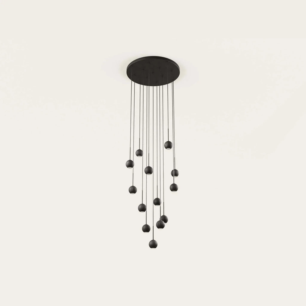 Thirteen-globe cluster LED pendant, from a round ceiling canopy