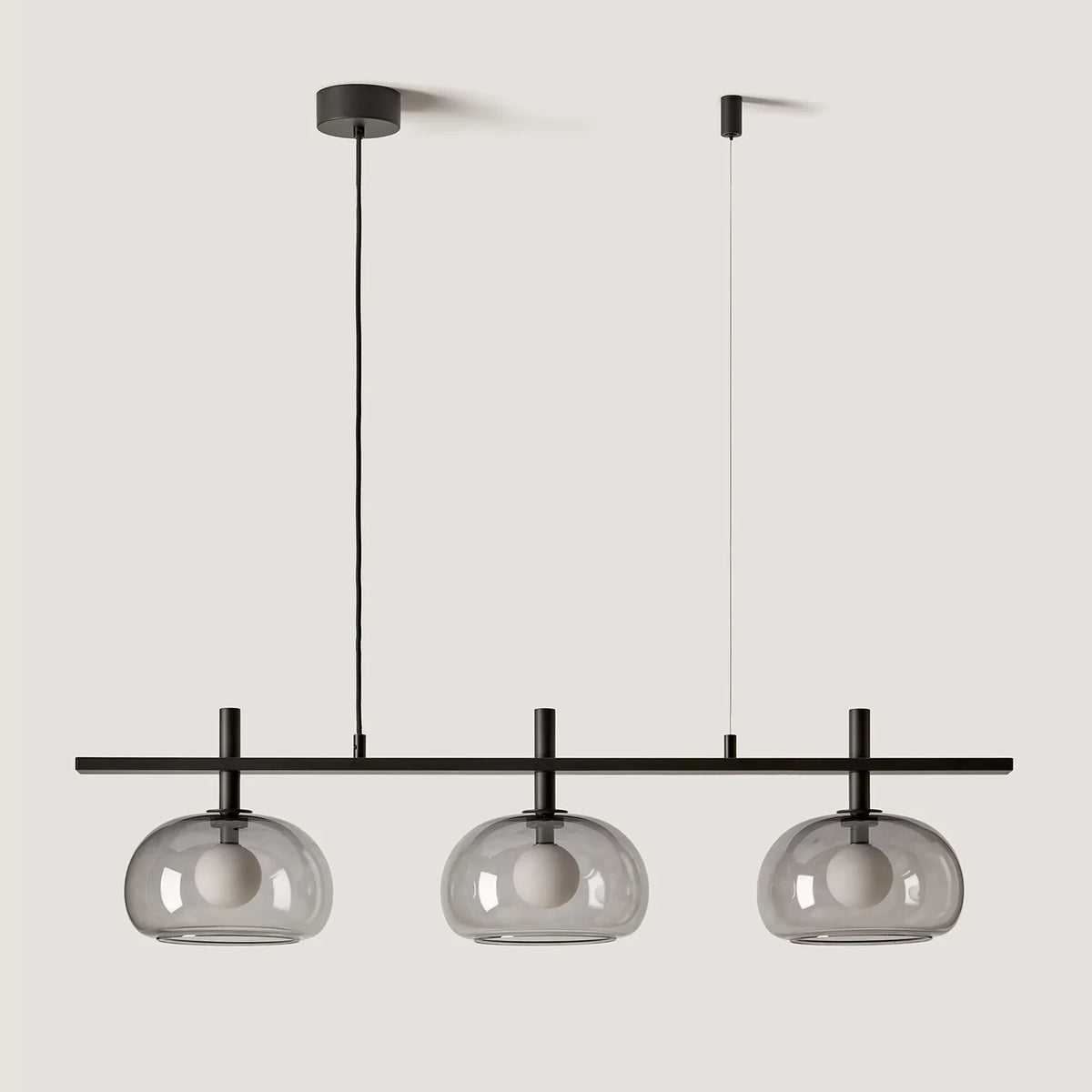 Three layered glass dome linear pendant, in grey glass, unlit