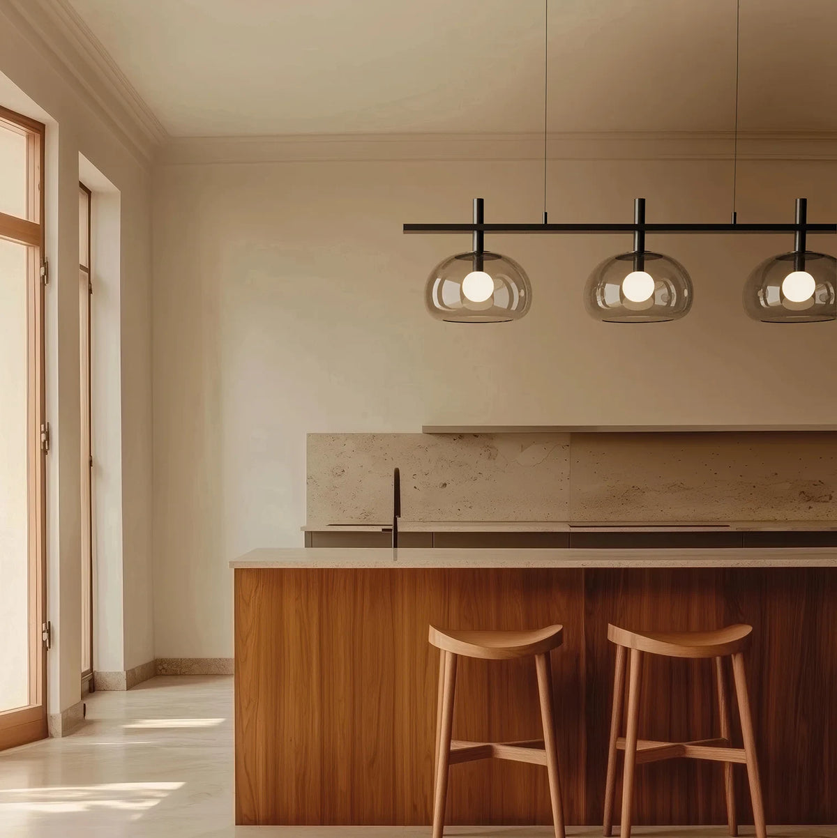 Three layered glass dome linear pendant, above a kitchen island