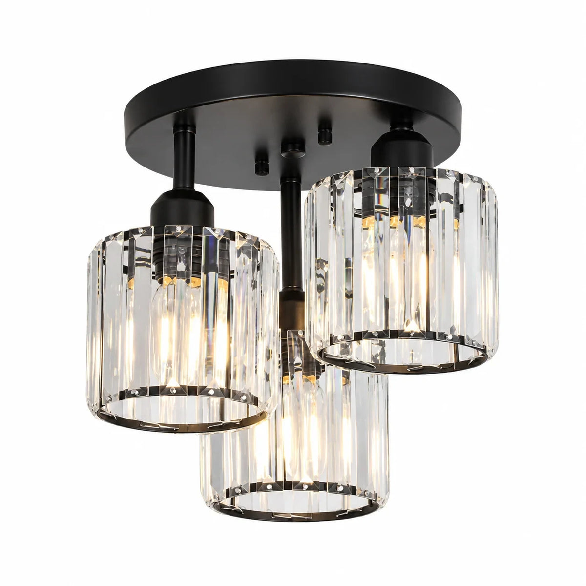 Three-light glass rod semi-flush ceiling light, Black, Black