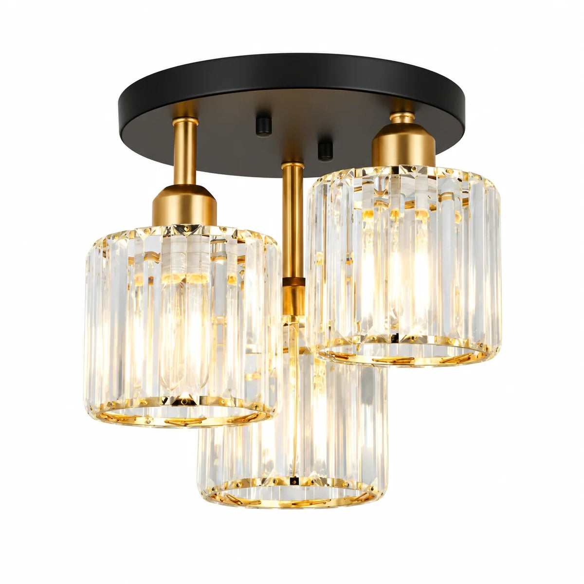 Three-light glass rod semi-flush ceiling light, Black, Gold