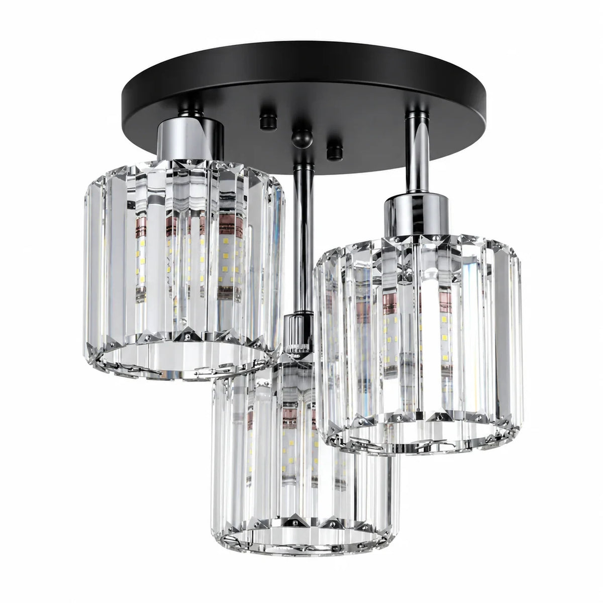 Three-light glass rod semi-flush ceiling light, Black, Silver