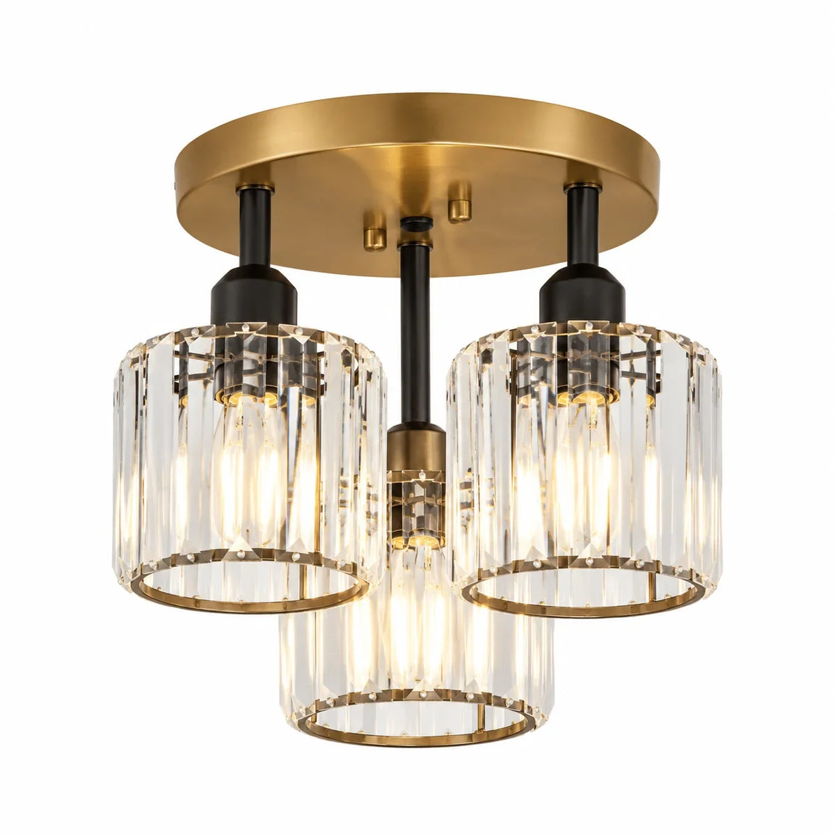 Three-light glass rod semi-flush ceiling light, Gold, Black