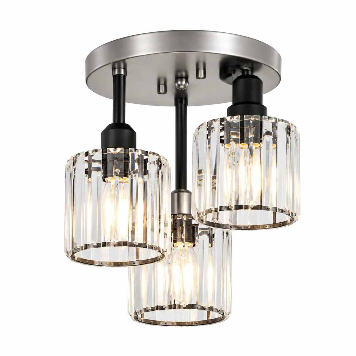 Three-light glass rod semi-flush ceiling light, Silver, Black