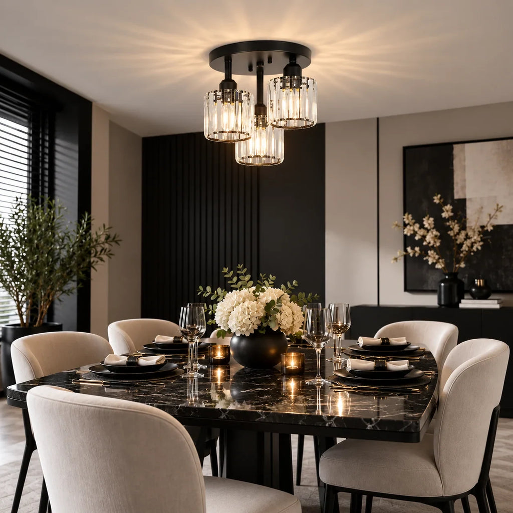 Three-light glass rod semi-flush ceiling light, above a dining table