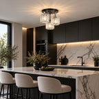 Three-light glass rod semi-flush ceiling light, above a kitchen island