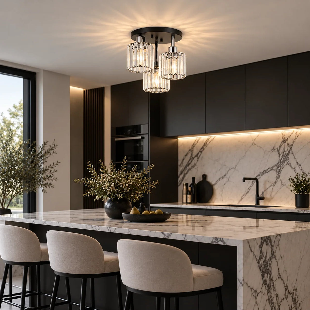 Three-light glass rod semi-flush ceiling light, above a kitchen island