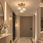 Three-light glass rod semi-flush ceiling light, in a hallway