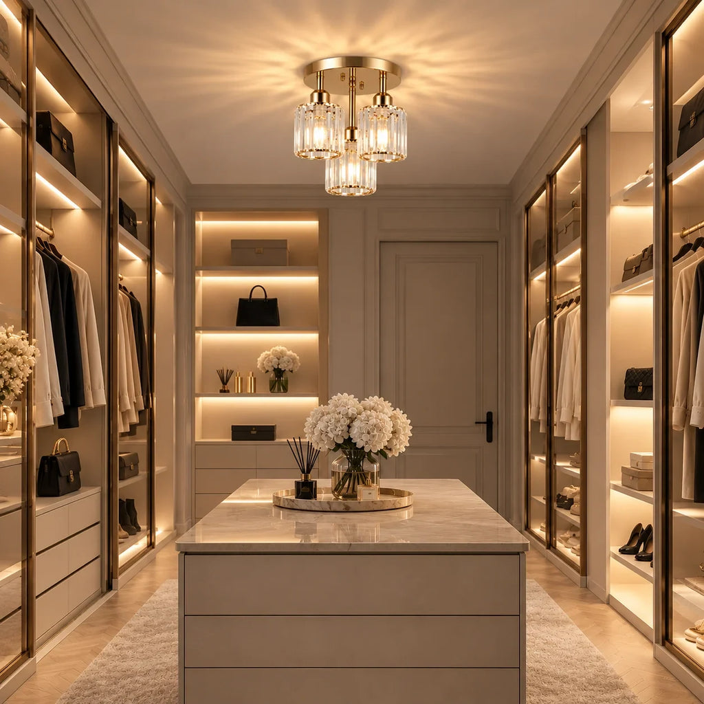 Three-light glass rod semi-flush ceiling light, in a dressing room