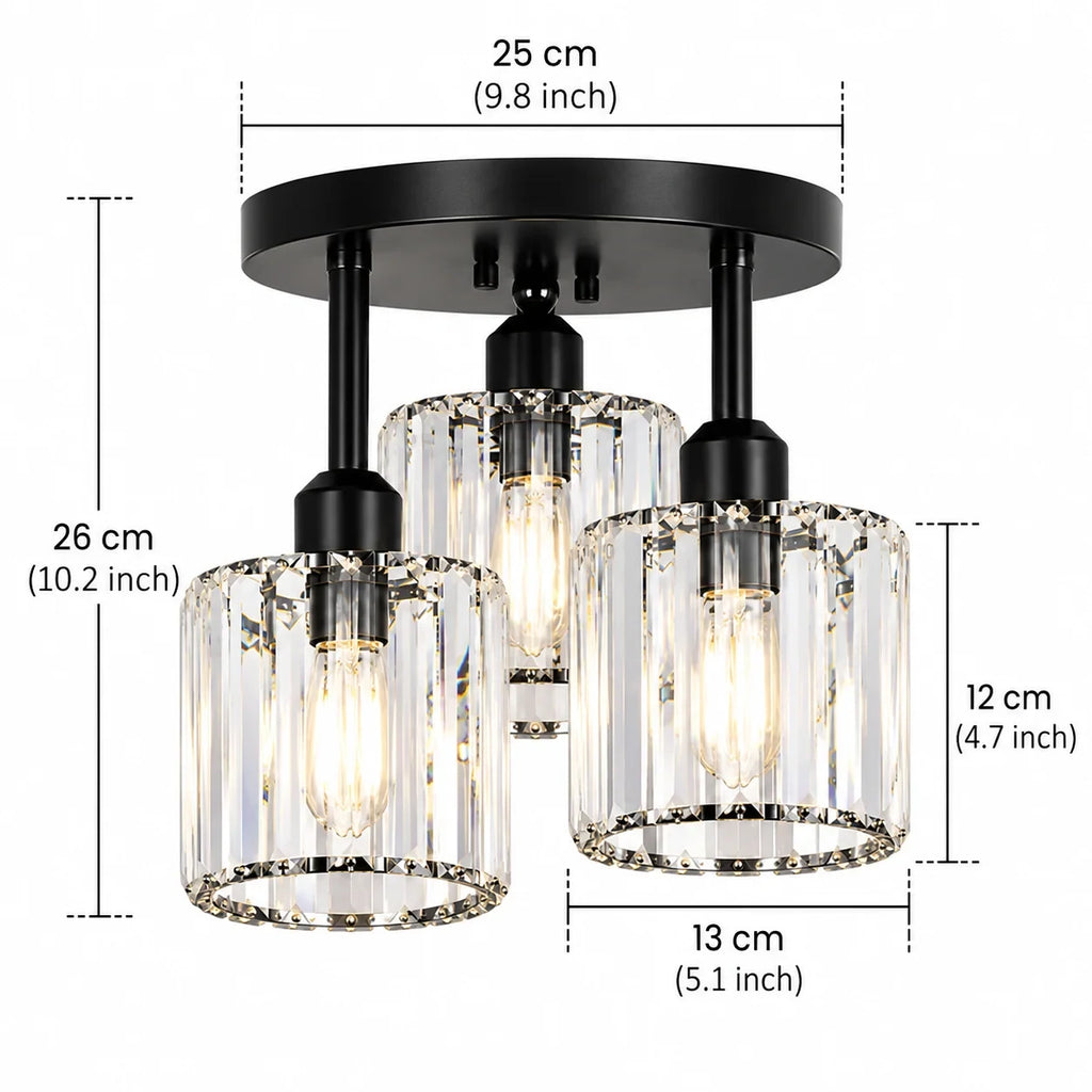 Three-light glass rod semi-flush ceiling light, with measurements