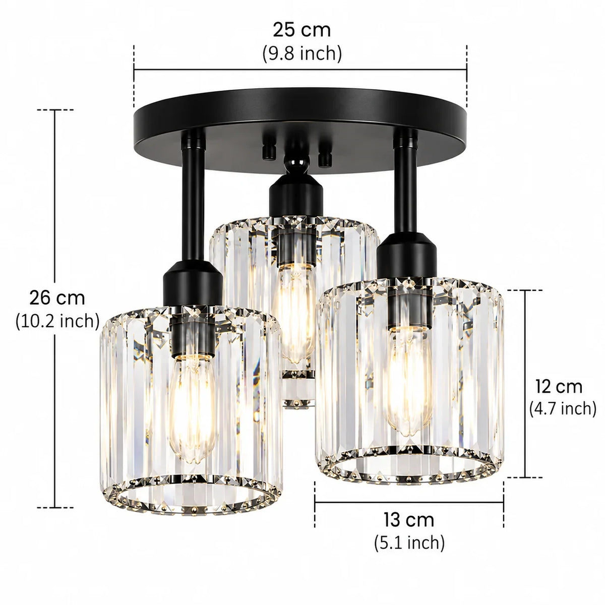 Three-light glass rod semi-flush ceiling light, with measurements