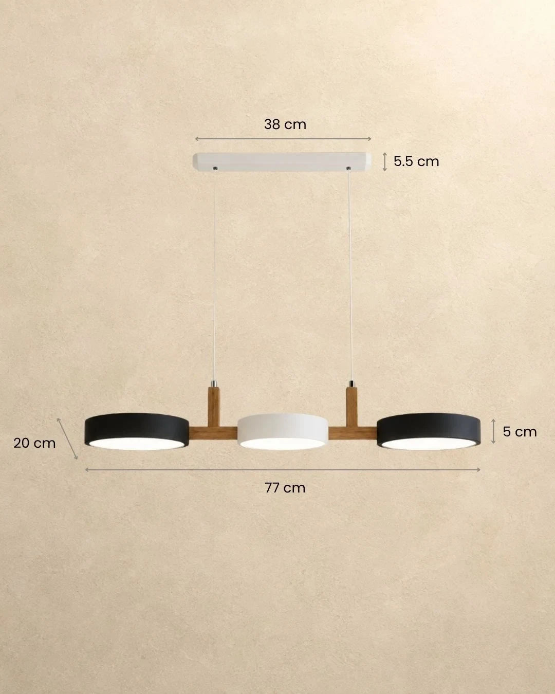 Three-light linear pendant with a wooden bar, with measurements