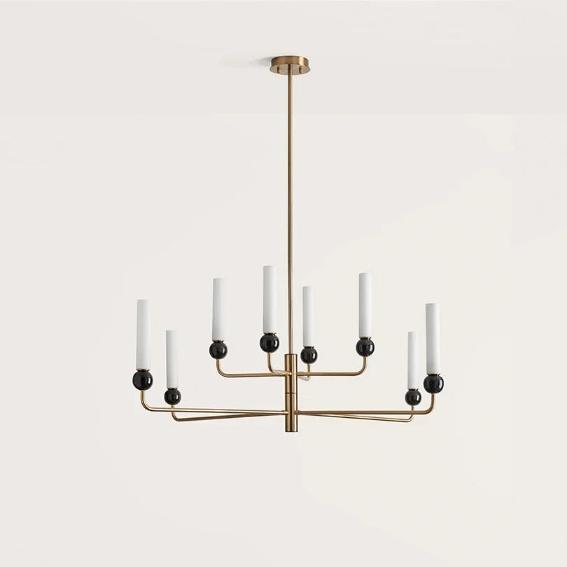 Opal glass and marble tiered chandelier, in aged gold with black marble