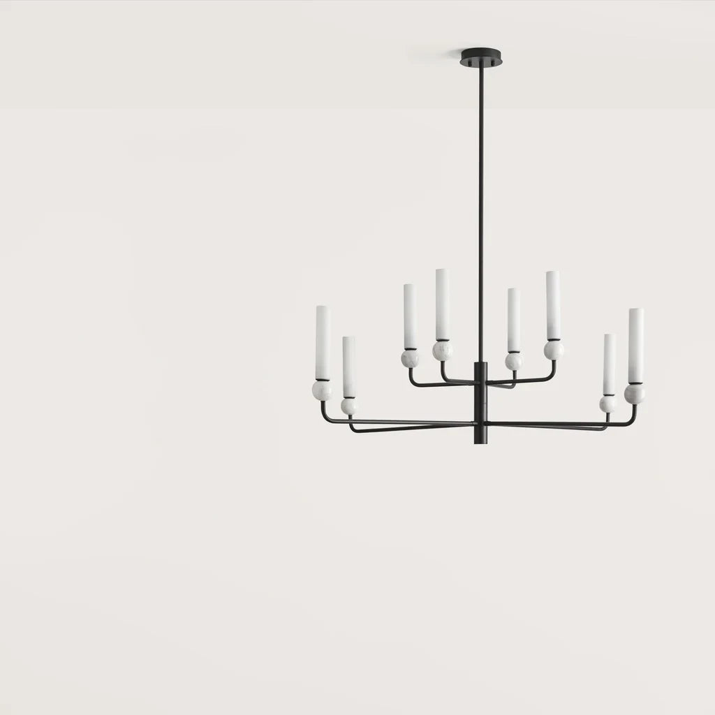 Opal glass and marble tiered chandelier, in matt black with white marble