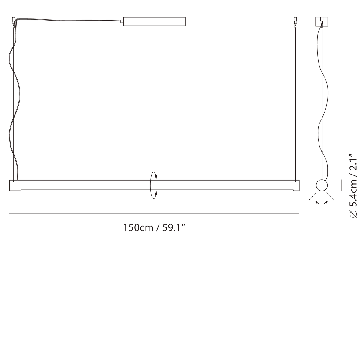 Tilting linear LED pendant, with measurements