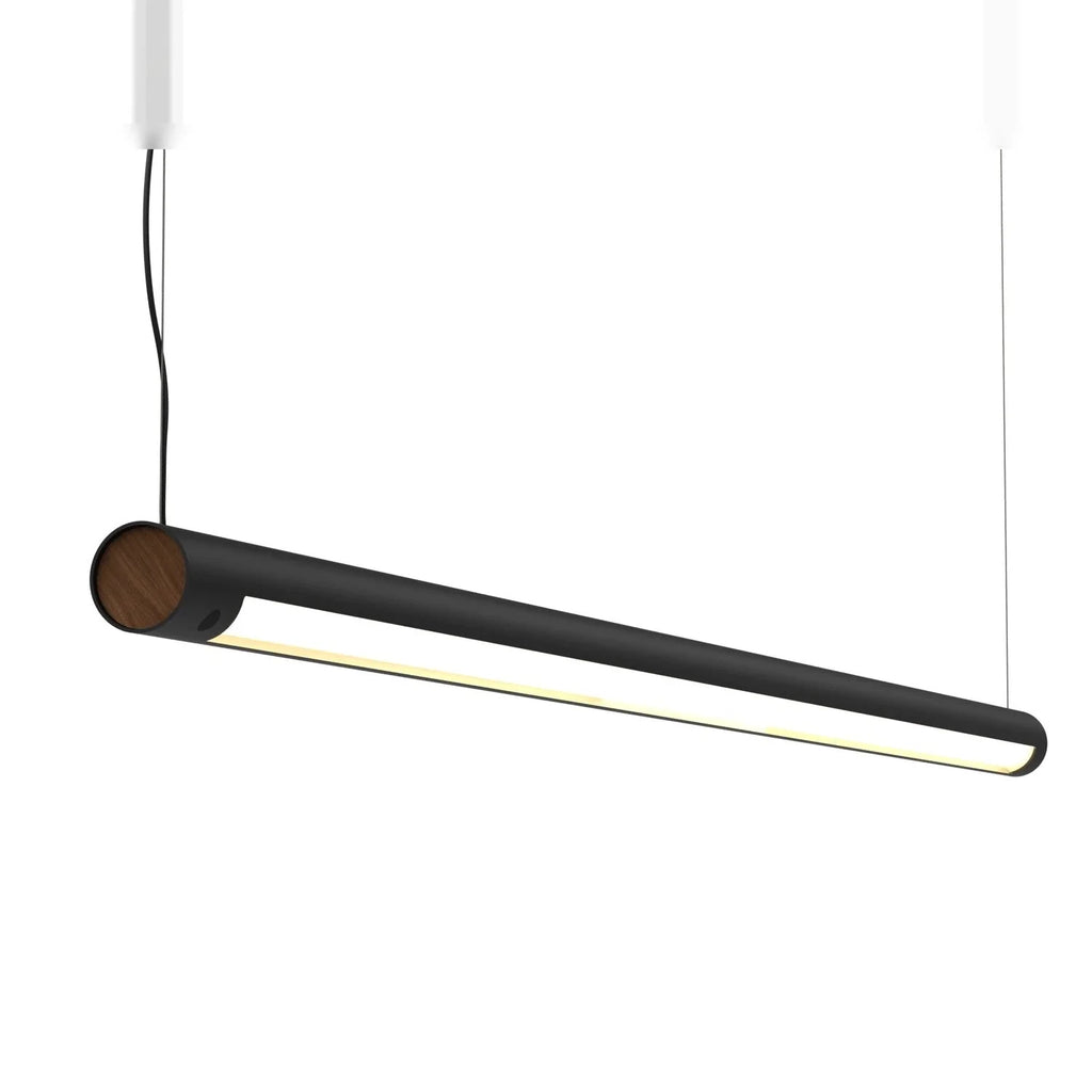 Tilting linear LED pendant, tilted, showing the walnut end
