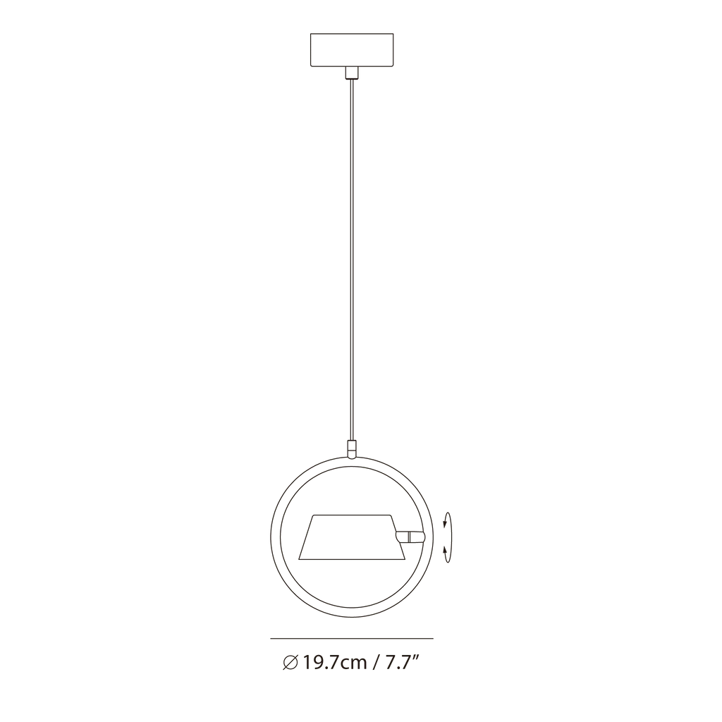 Tilting shade LED pendant in ring frame, dimension drawing