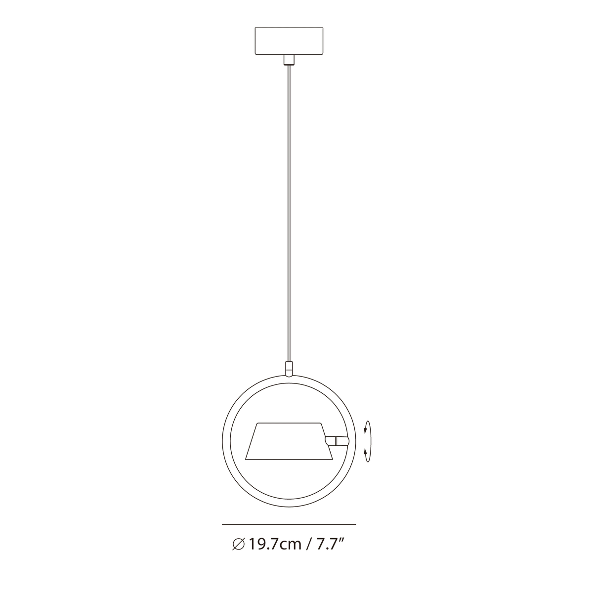 Tilting shade LED pendant in ring frame, dimension drawing