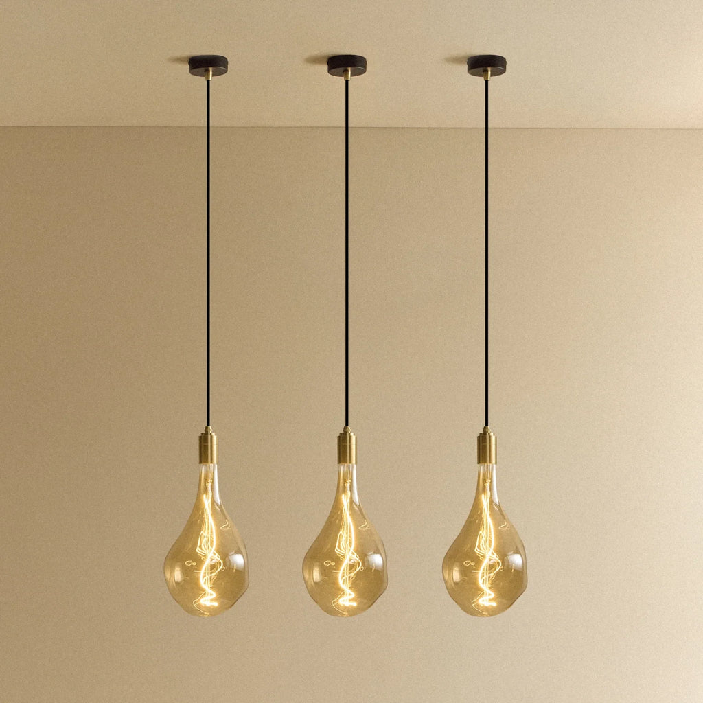 Tinted Elongated Bulb Pendant, Set of 3, Brass, three pendants lit in a row