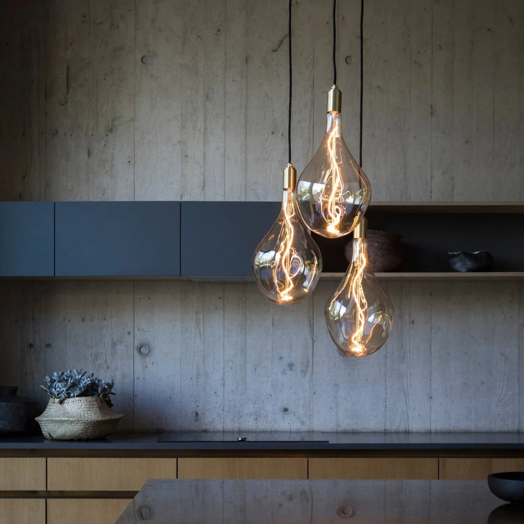 Tinted Elongated Bulb Pendant, Set of 3, Brass, three pendants in a kitchen