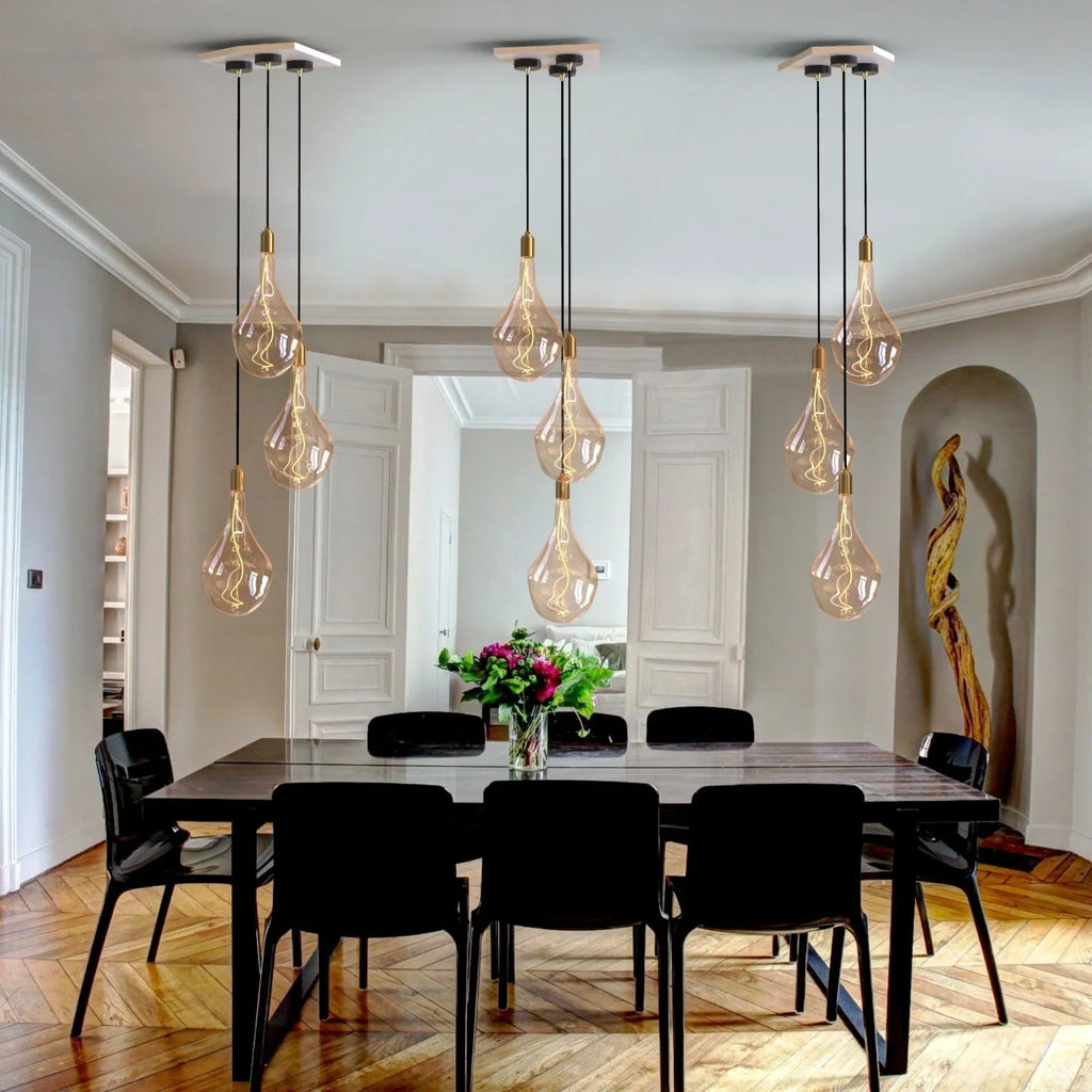 Tinted Elongated Bulb Pendant, Set of 3, Brass, groups of pendants over a long dining table