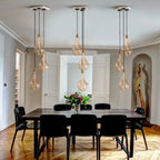 Tinted Elongated Bulb Pendant, Set of 3, Brass, groups of pendants over a long dining table