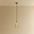 Tinted sculptural glass bulb pendant, stainless steel, against a plain wall