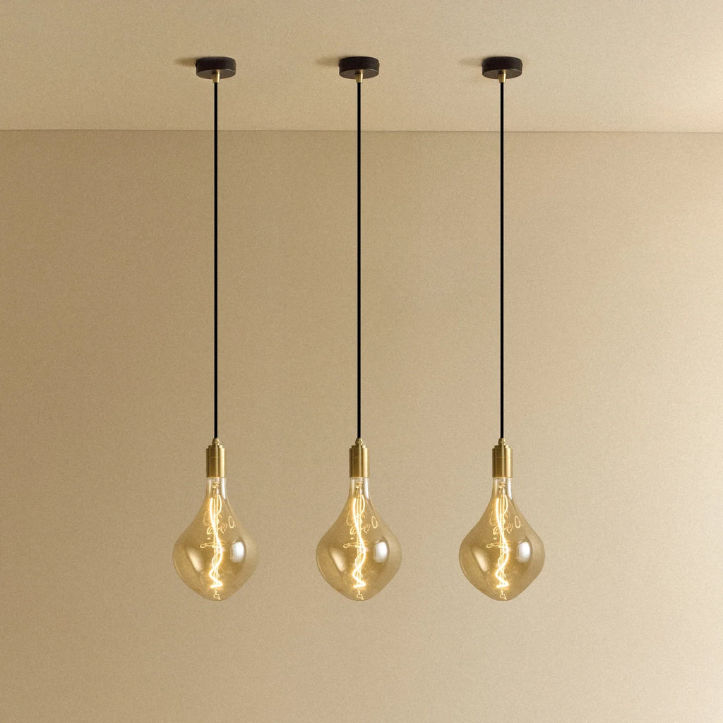 Tinted Sculptural Bulb Pendant, Set of 3, Brass, three pendants lit in a row