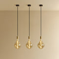 Tinted Sculptural Bulb Pendant, Set of 3, Brass, three pendants lit in a row