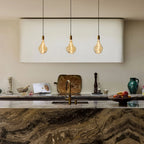 Tinted Sculptural Bulb Pendant, Set of 3, Brass, three pendants over a kitchen island