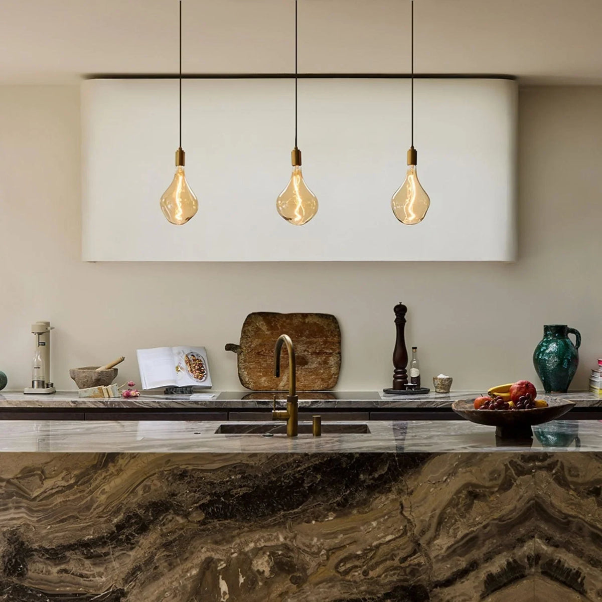 Tinted Sculptural Bulb Pendant, Set of 3, Brass, three pendants over a kitchen island