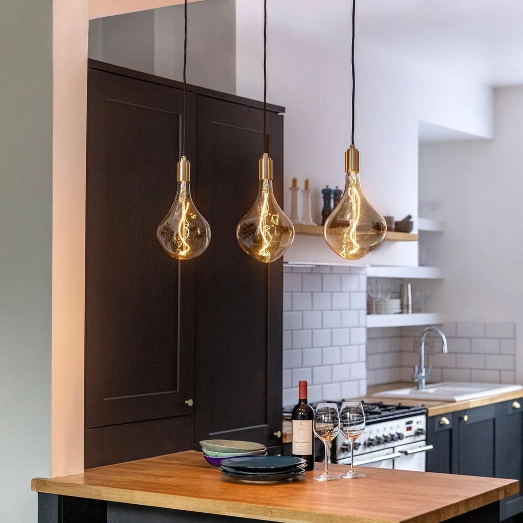 Tinted Sculptural Bulb Pendant, Set of 3, Brass, pendants over a kitchen counter
