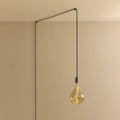 Plug-in pendant with tinted organic bulb, graphite, lit, hung from a wall node