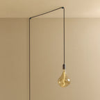 Plug-in pendant with tinted organic bulb, graphite, lit, hung from a wall node