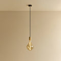 Tinted Sculptural Bulb Pendant, in oak, lit, against a plain wall