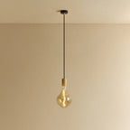 Tinted Sculptural Bulb Pendant, in oak, lit, against a plain wall