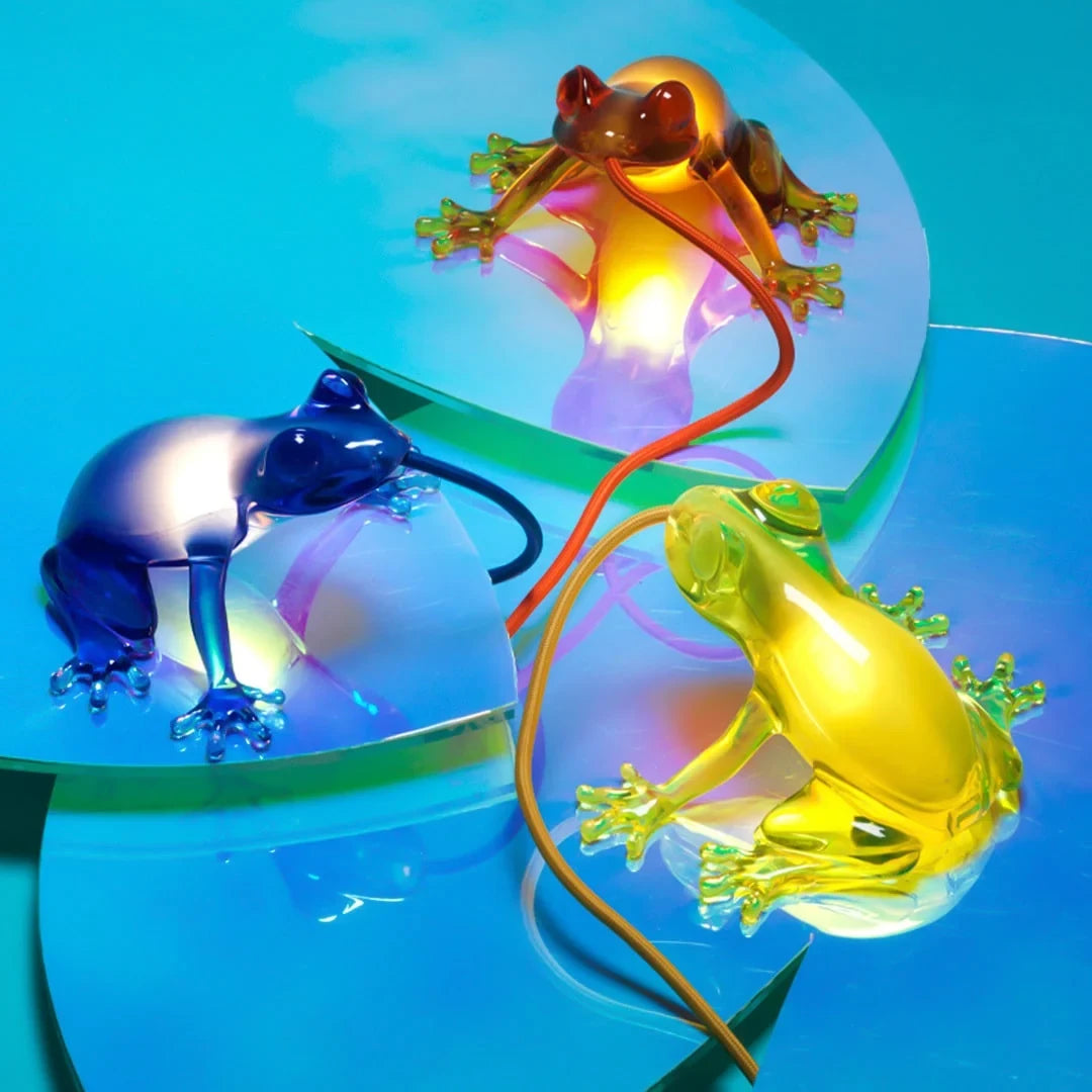 Translucent frog table lamp, three frogs in blue, yellow and orange